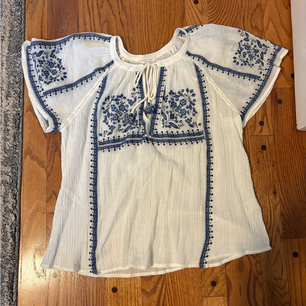 Lovestitch White Blouse with Blue Embroidery
